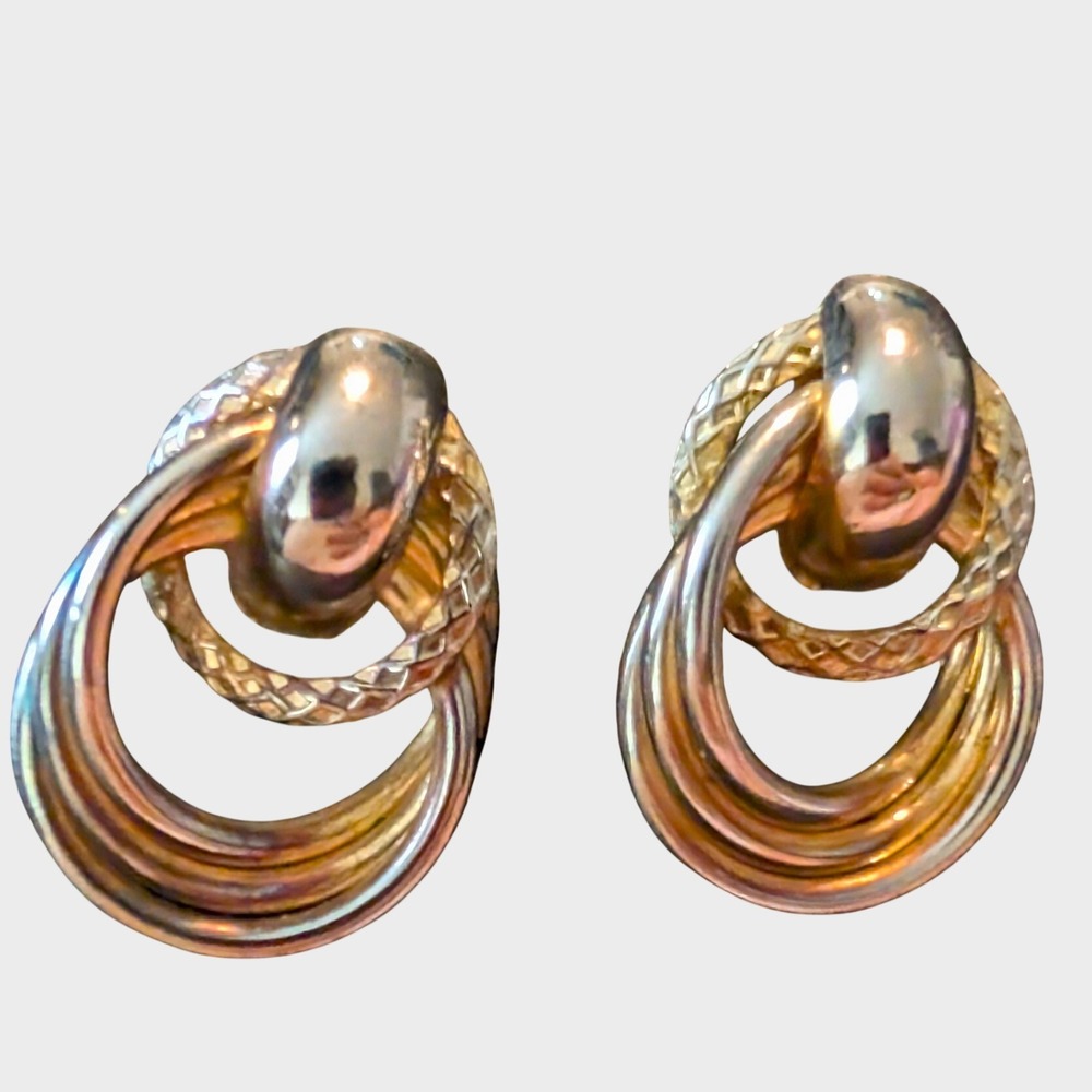 Vintage Gold Tone Pierced Earrings Triple Interlocking Hoop Door Knocker
